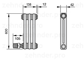 Схема (чертеж) Радиатор Zehnder Charleston 2060/3 №V004 Белый глянцевый RAL 9016